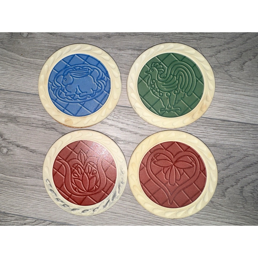 Longaberger Ceramic Round Coasters Set of 4 Cork Back Rooster Rabbit Heart Rose